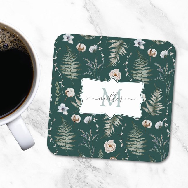 Monogram Flowers and Fern Lövs Blommigt Botanical Underlägg Papper Kvadrat (In situ)