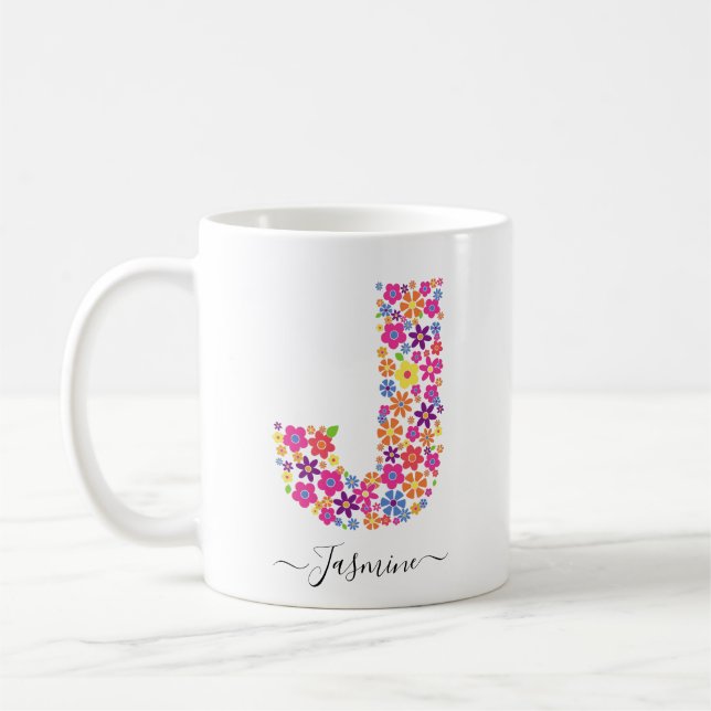Monogram Flowers Anpassningsbar Text - Blommigt Br Kaffemugg (Vänster)