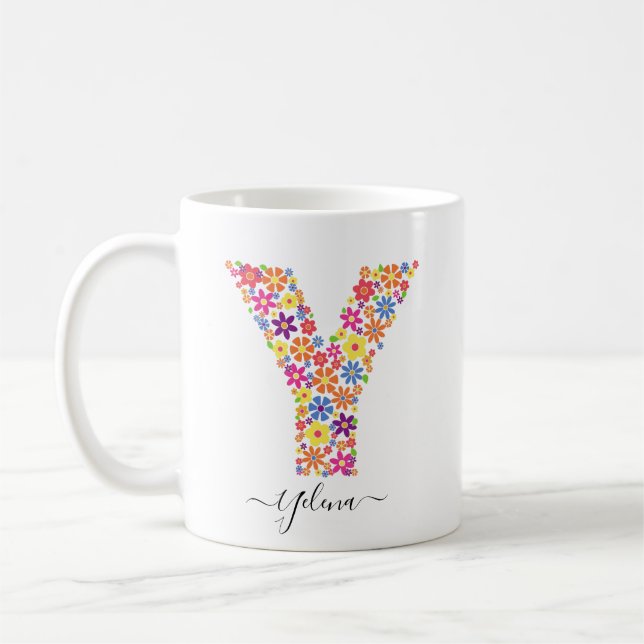 Monogram Flowers Anpassningsbar Text - Blommigt Br Kaffemugg (Vänster)