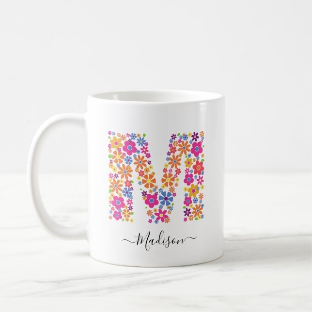 Monogram Flowers Anpassningsbar Text - Blommigt Br Kaffemugg (Vänster)