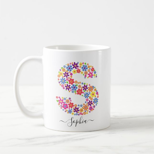 Monogram Flowers Anpassningsbar Text - Blommigt Br Kaffemugg (Vänster)