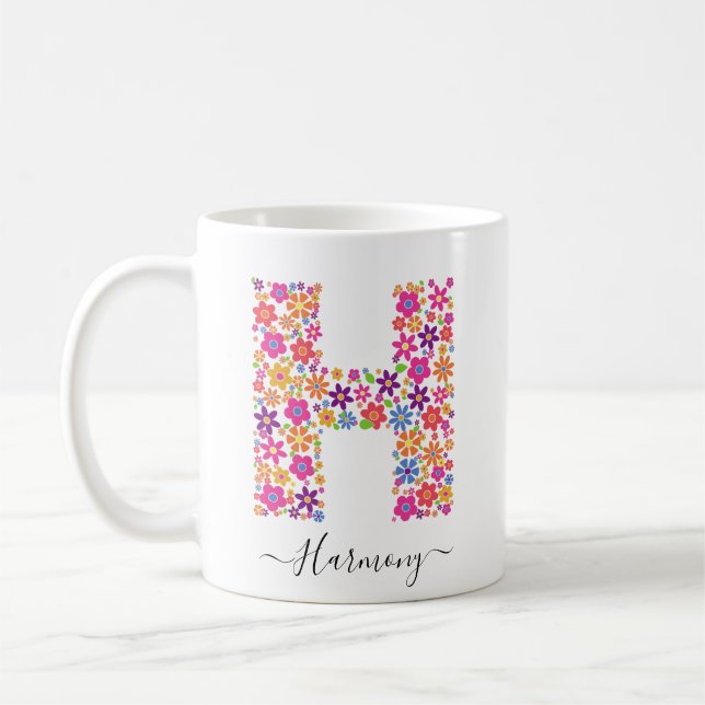 Monogram Flowers Anpassningsbar Text - Blommigt Br Kaffemugg (Vänster)