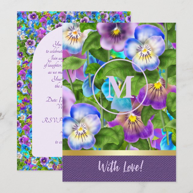 Monogram Födelsedag Pansy Violetta Blommor Akvarel Inbjudningar (Fram/baksida)