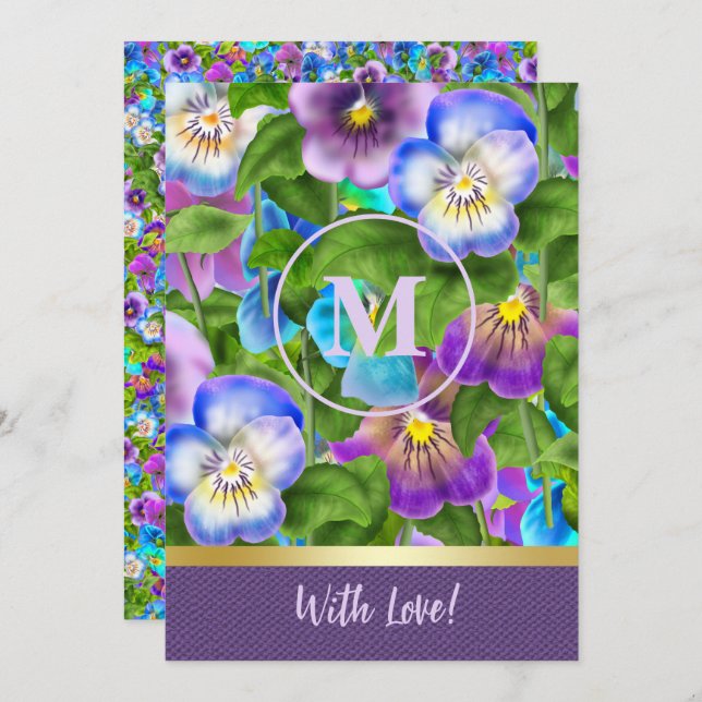 Monogram Födelsedag Pensé Violetta Blommor Akvarel Inbjudningar (Fram/baksida)