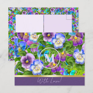 Monogram Födelsedag Pensé Violetta Blommor Akvarel Vykort