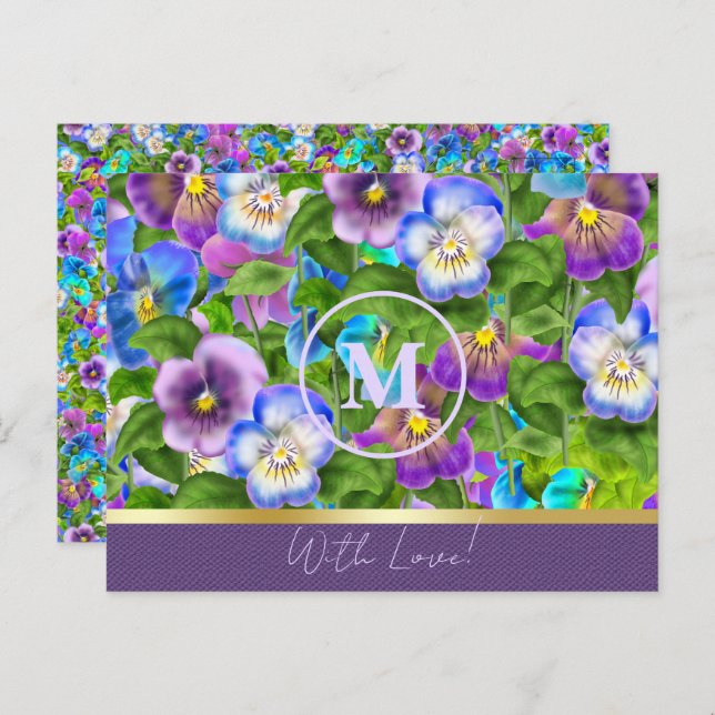 Monogram Födelsedag Pensé Violetta Blommor Akvarel Vykort (Fram/baksida)