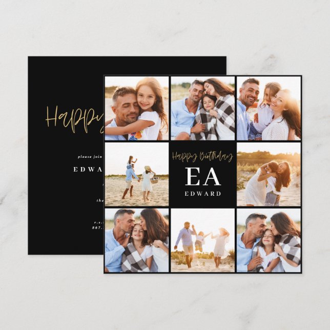 Monogram födelsedagspresent svart och guld multifo (Fram/baksida)