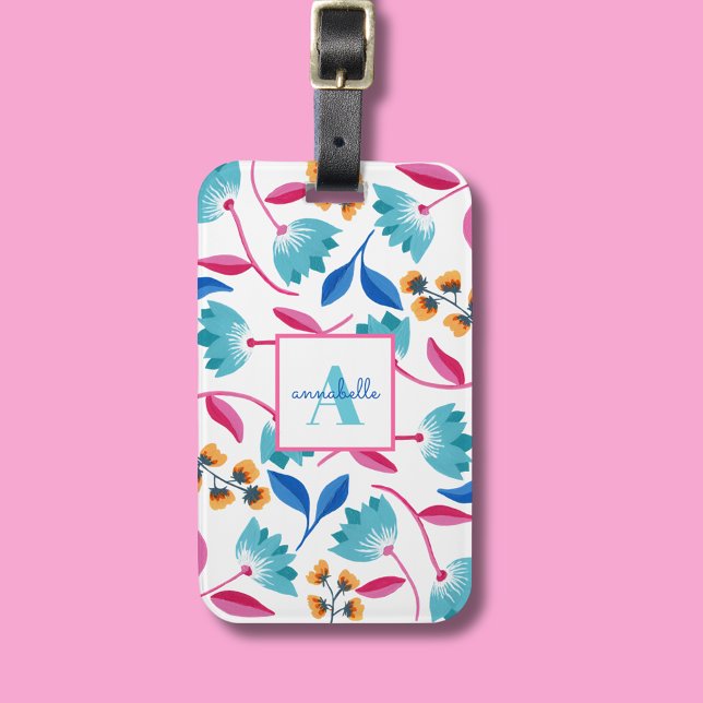 Monogram Folk Art Blommönster Bagagebricka (Abstract botanical folk art floral personalized luggage tag)