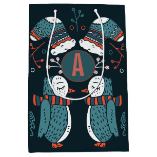 Monogram Folk Art Jul Blå Röda Ugglor Träd