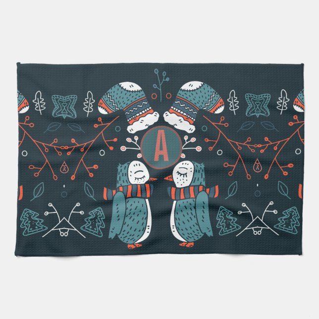 Monogram Folk Art Jul Blå Röda Ugglor Träd Kökshandduk (Horisontell)