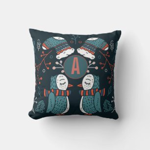 Monogram Folk Art Jul Blå Röda Ugglor Träd Kudde