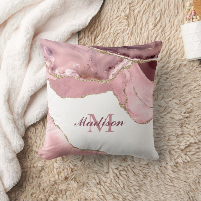 Monogram för agat i ro  och Guld Glitter Kudde (Filt)