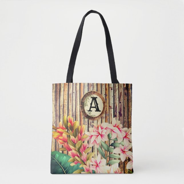 Monogram för anpassad tropisk bamboo & Flowers Tygkasse (Framsida)