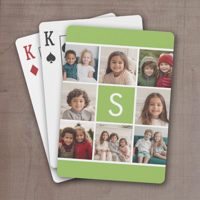 Monogram för Anpassningsbar av Lime and White Phot Casinokort (Add 8 photos and personalize this set of playing cards with a monogram and lime green accents)