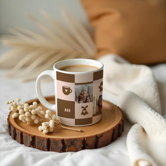 Monogram för Anpassningsbar i Mönster som kontroll Kaffemugg (Retro Chequered Pattern Custom Monogram Coffee Mug)