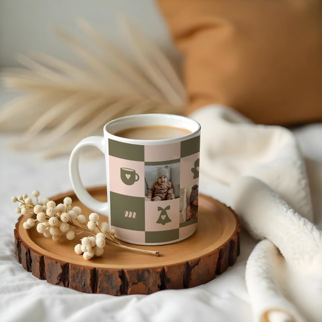 Monogram för Anpassningsbar i Mönster som kontroll Kaffemugg (Retro Chequered Pattern Custom Monogram Coffee Mug)