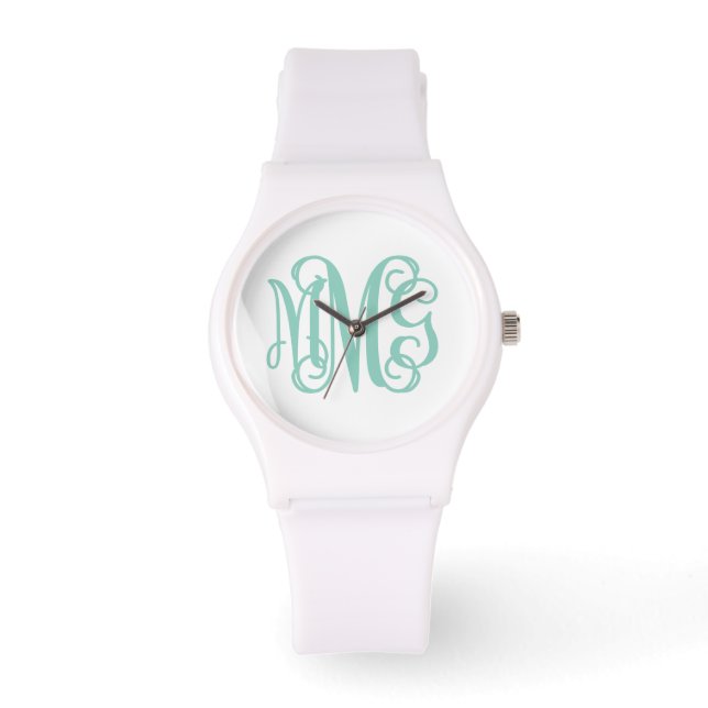 Monogram för Aqua och White Preppy Armbandsur (Framsida)