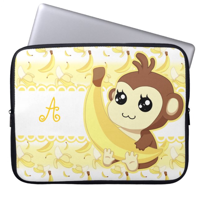 Monogram för banan för gullig Kawaii apa hållande Laptop Sleeve (Framsidan)