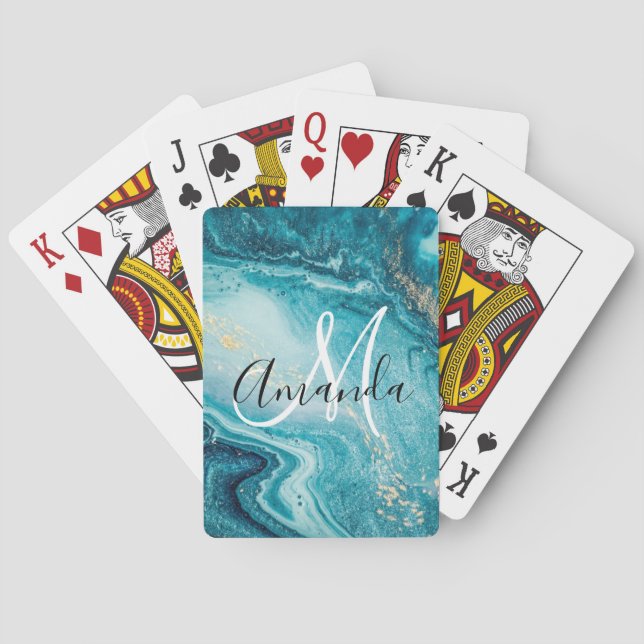 Monogram för blå marble-Abstrakt  Casinokort (Baksidan)