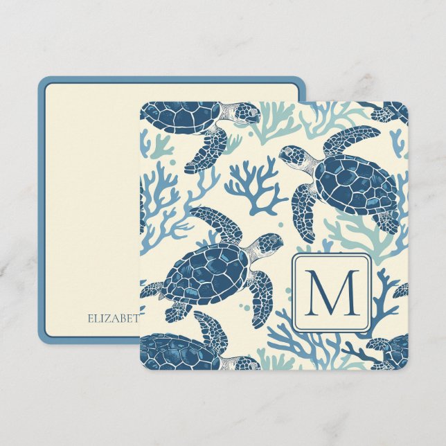 Monogram för blåa och Cream Sea Turtles (Fram/baksida)
