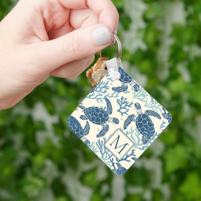 Monogram för blåa och Cream Sea Turtles Nyckelring (Hand)