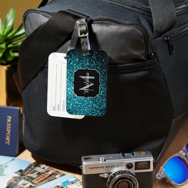 Monogram för blåblanka faux glitter-sparkler bagagebricka (Framsida & Baksida)