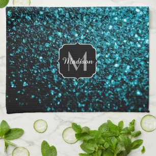 Monogram för blåblanka faux glitter-sparkler kökshandduk