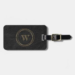 Monogram för Black Faux Leather Guld Circles Bagagebricka
