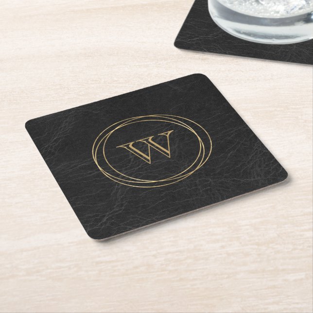 Monogram för Black Faux Leather Guld Circles Underlägg Papper Kvadrat (Vinklad)