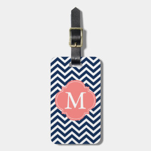 Monogram för blått- och korallsicksackmönster bagagebricka