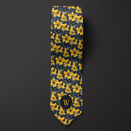Monogram för Blommigt av gult och svart vattenfärg Slips