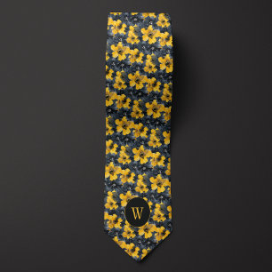 Monogram för Blommigt av gult och svart vattenfärg Slips
