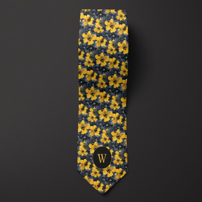 Monogram för Blommigt av gult och svart vattenfärg Slips (Skapare uppladdad)