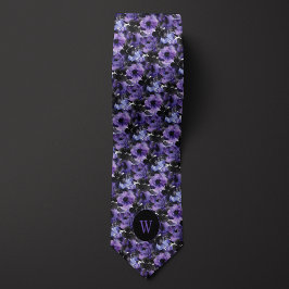 Monogram för Blommigt av lila och svart vattenfärg Slips
