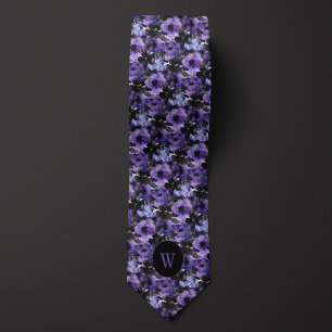 Monogram för Blommigt av lila och svart vattenfärg Slips