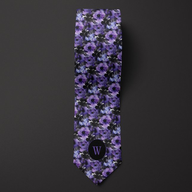 Monogram för Blommigt av lila och svart vattenfärg Slips (Skapare uppladdad)