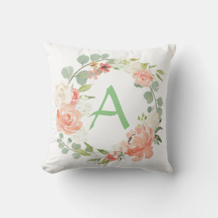 Monogram för Blommigt av rosa och Grönt Kudde