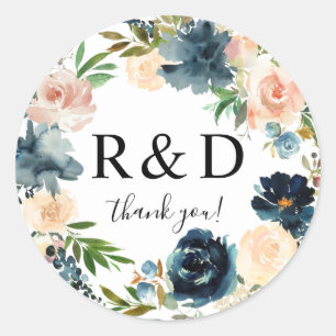 Monogram för  Blommigt för marin och dammblå och R Runt Klistermärke