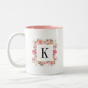 Monogram för blommigt för romantikerrodnadblom Två-Tonad mugg