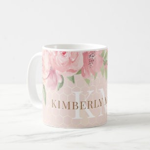 Monogram för  Blommigt för vattenfärg Guld Rosa Kaffemugg