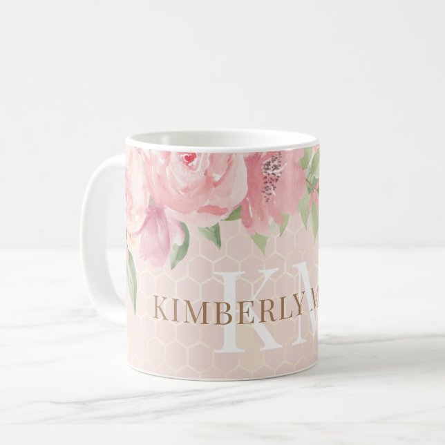 Monogram för  Blommigt för vattenfärg Guld Rosa Kaffemugg (Framsida vänster)