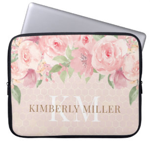 Monogram för  Blommigt för vattenfärg Guld Rosa Laptop Fodral