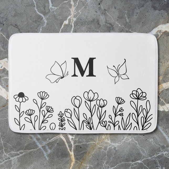 Monogram för blommigt Line Art Anpassningsbar Badrumsmatta (Skapare uppladdad)