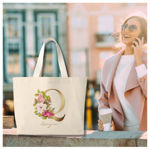 Monogram för Blommigten brev Q Elegant Guld Jumbo Tygkasse