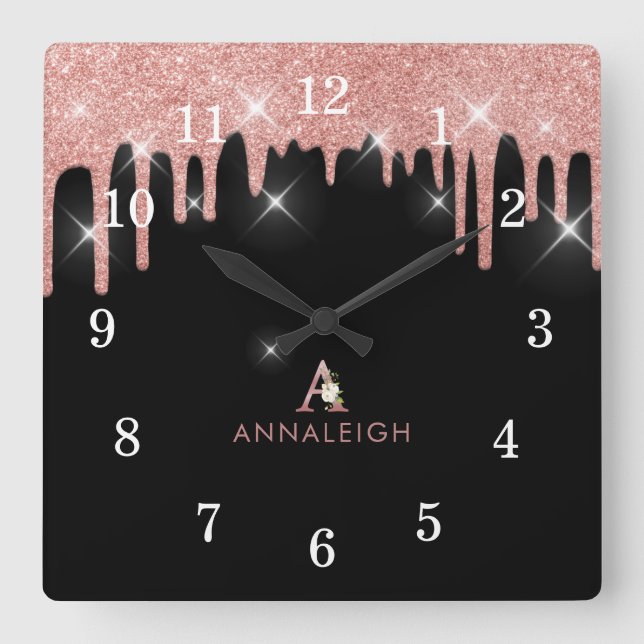 Monogram för Blommigten Ro Guld  Rosa Glitter Drif Fyrkantig Klocka (Framsida)