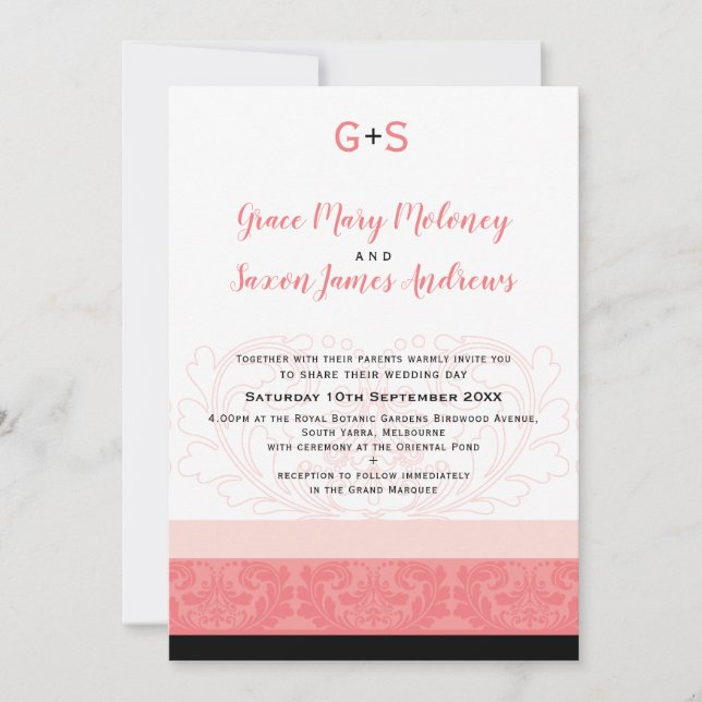 Monogram för blomning av korall i elegant bröllop inbjudningar (Framsida)