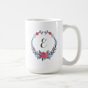 Monogram för Boho blom- vattenfärgröd ros   Kaffemugg