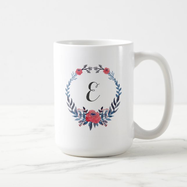 Monogram för Boho blom- vattenfärgröd ros | Kaffemugg (Höger)