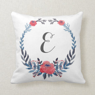 Monogram för Boho blom- vattenfärgröd ros   Kudde