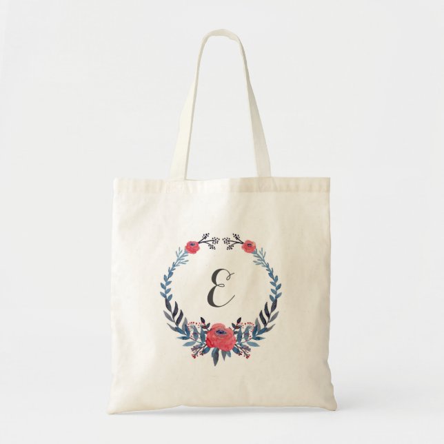 Monogram för Boho blom- vattenfärgröd ros | Tygkasse (Framsidan)